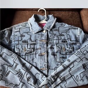 Azalea Wang line art face minimalist Denim Jacket